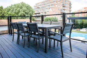 Custom Composite Deck in a backyard home in Toronto, renovation by Destination Pools and Landscaping