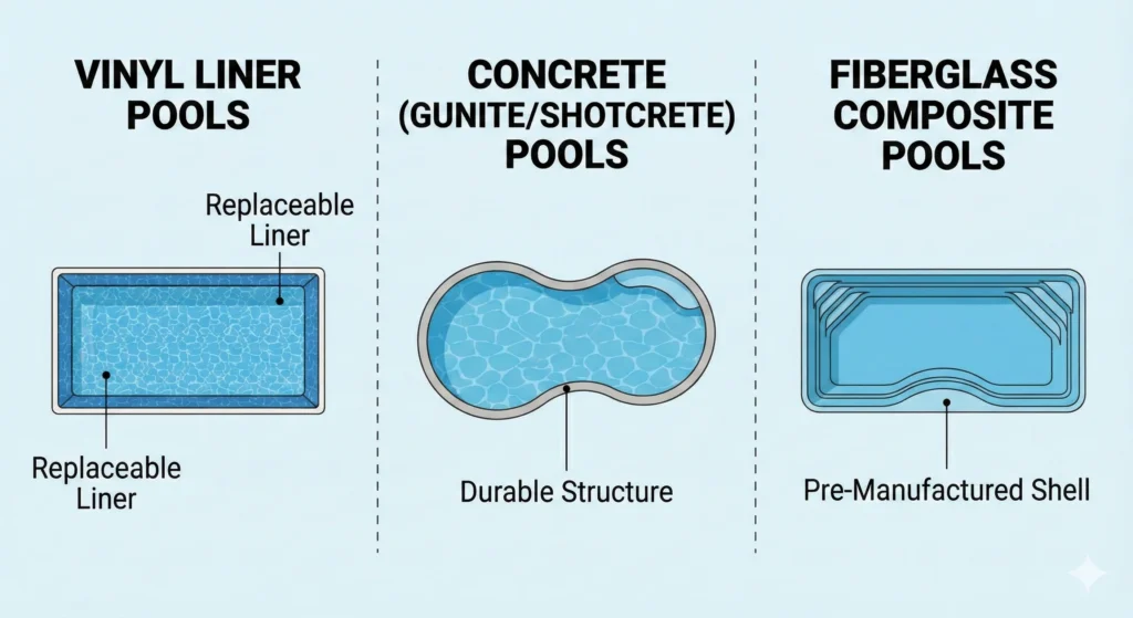 Vinyl vs concrete vs fiberglass pools