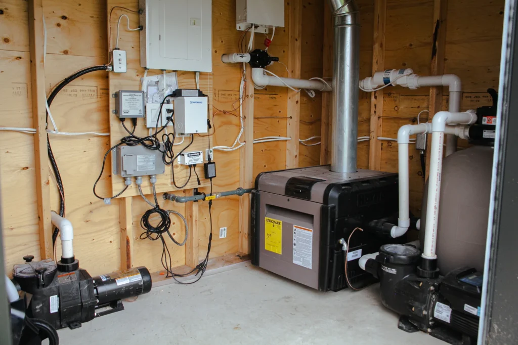 Interior of a pool equipment shed showing swimming pool pump, gas heater, filter system, and electrical control panel with PVC plumbing - installed by Destination Pools and Landscaping in Mississauga