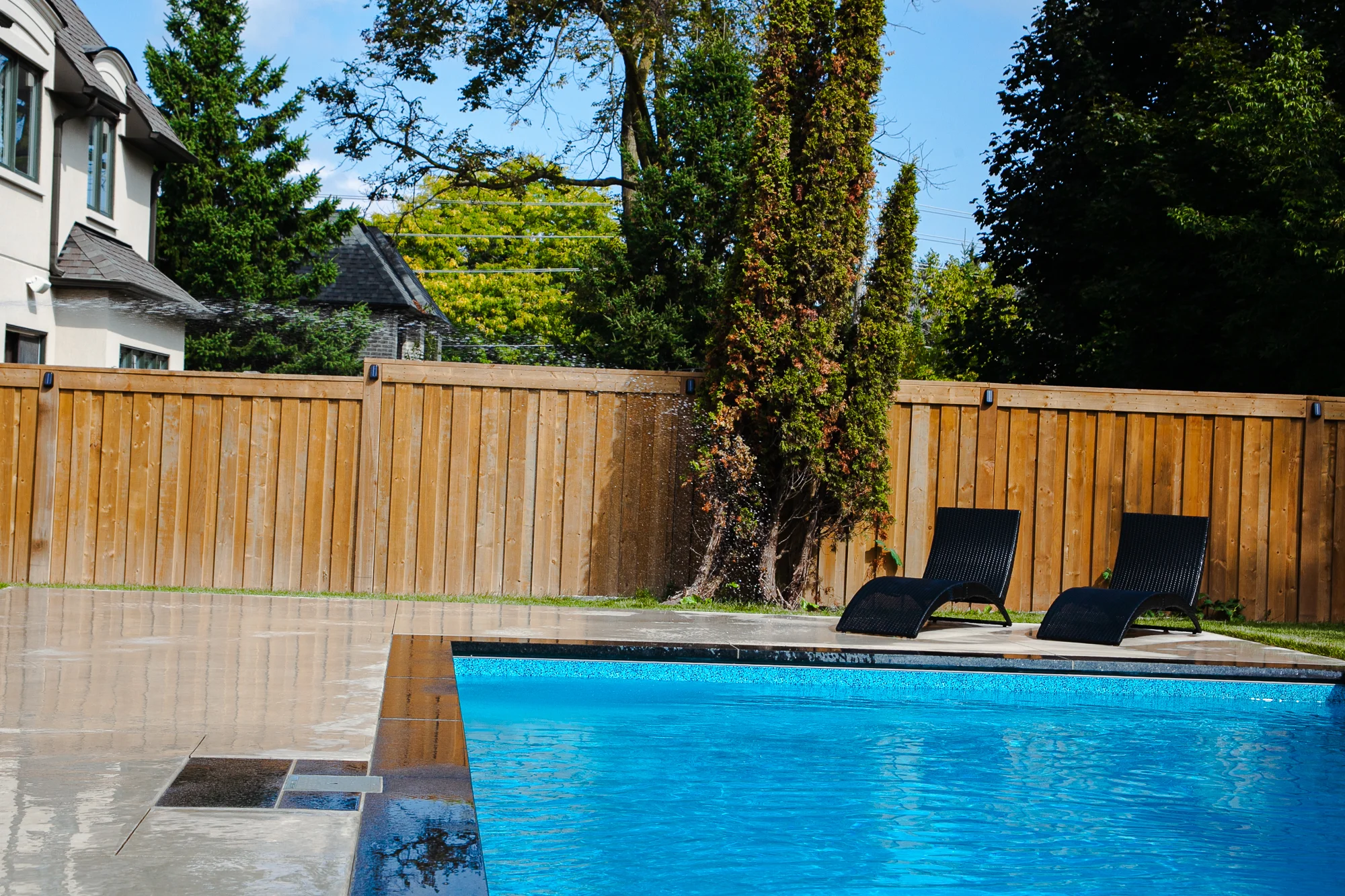 Side view of a rectangular inground pool with grey coping, two dark chaise lounges, cedar privacy fence, and overhanging mature trees in a Mississauga backyard - by Destination Pools and Landscaping