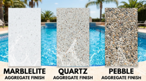 A comparative side-by-side photograph showing three panels of different pool resurfacing aggregate finishes: MarbleLite, Quartz, and Pebble, set by a poolside with a swimming pool in the background. From left to right: the first panel features a smooth, classic white 'MarbleLite' aggregate finish with fine marble specks; the middle panel shows a textured 'Quartz' aggregate finish with various colored ceramic-coated quartz granules; and the right panel displays a prominent, tactile 'Pebble' aggregate finish composed of natural rounded stones. Large, bold text labels below each panel identify them as 'MARBLELITE AGGREGATE FINISH', 'QUARTZ AGGREGATE FINISH', and 'PEBBLE AGGREGATE FINISH'. Water splashes across all three surfaces to demonstrate their appearance when wet. Palm trees and a clear blue sky are visible in the background under bright, natural light.